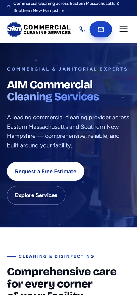 AIM Commercial Cleaning Services homepage — mobile view