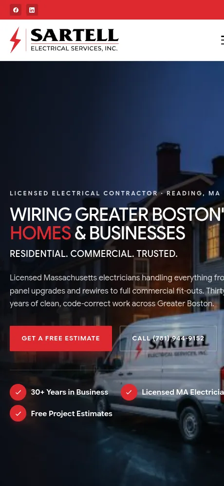 Sartell Electrical Services website homepage — mobile view
